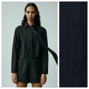 NWT. Zara Dark Navy Pinstriped Short Jumpsuit with Necktie. Size XL.